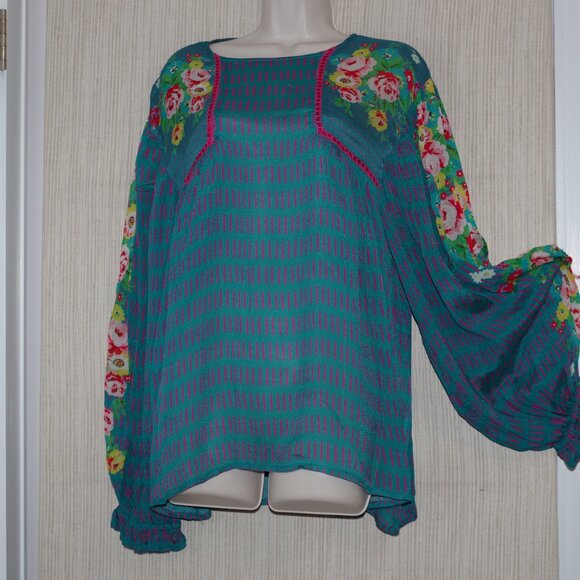 Anthropologie Bl-nk London Blouse Floral Teal Floral Long Sleeve Top Size:XL - Picture 5 of 7